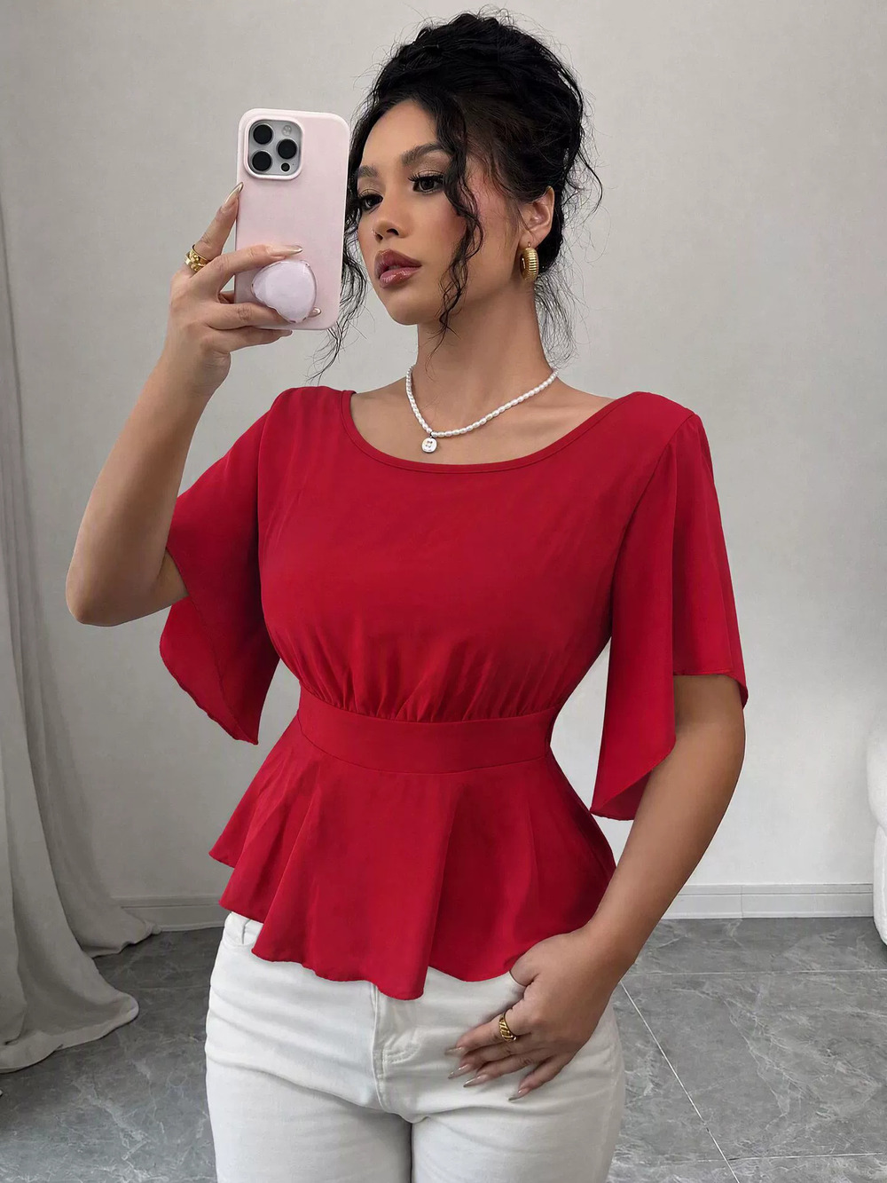 H&M Chic Solid Color Bell Sleeve Cinched Waist Blouse
